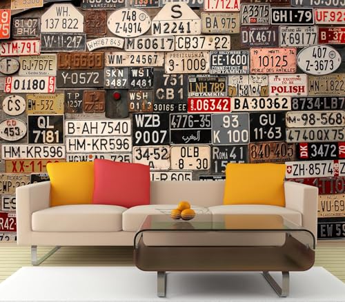 Eierme-Old License Plates from Around the World Mural Wallpaper Peel and Stick 160" x 114" - color: No.1, size: 160" x 114"