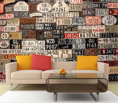 Eierme-Old License Plates from Around the World Mural Wallpaper Peel and Stick 160" x 114" - color: No.1, size: 160" x 114"