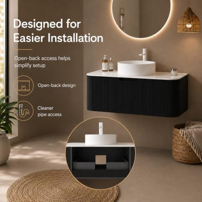 30" Floating Bathroom Vanity with Sink, Wall Mounted Plywood Cabinet, Black Fluted Front, Sintered Stone Countertop, White Round Ceramic Vessel Sink, Soft-Close Drawer, Pre-Assembled - color: Black Cabinet / White Sink, size: 30 Inch