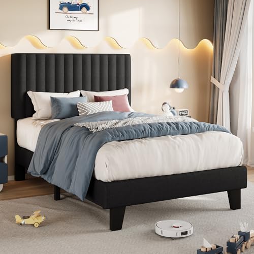 Einhomn Twin Size Bed Frame with Headboard, Upholstered Linen Platform Bedframe with Solid Wooden Slats, Noise-Free, No Box Spring Needed, Easy Assembly, Black - color: Black, size: Twin