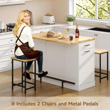 47" Kitchen Island with Seating, Stationary Island Table with Storage Include 2 Chairs, Kitchen Islands with Drop Leaf, Dining Table with Trash Cabinet & Power Outlet & Spice Rack, White - color: White