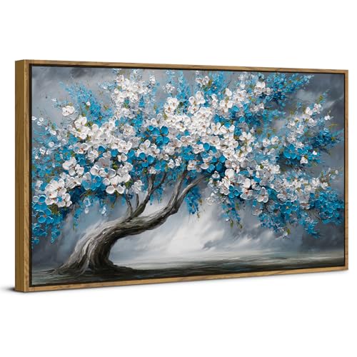 Blue Tree of Life Wall Art Framed Bedroom Decor Abstract White Daisy Flower Picture for Living Room Colorful Botanical Canvas Print Nature Floral Painting Modern Artwork Bathroom Home Decoration 20x40 - color: Blue White Tree, size: 20"L x 40"W