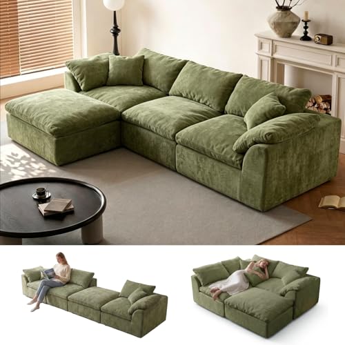 Cloud Couch Sectional for Living Room, Modular L Shaped Boneless Sofa with Chaise, Compressed No Assembly Couch, Deep Seat Chenille Upholstered Convertible Sofa Bed(OliveGreen) - color: Olivegreen