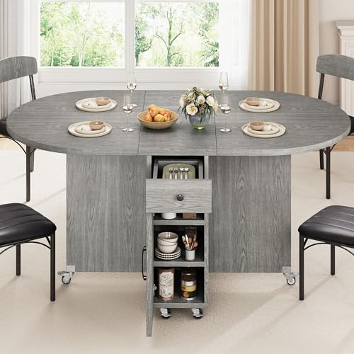 Jocoevol Round Folding Dining Table for 6, Space Saving Drop Leaf Kitchen Table with Storage Drawer, 6 Wheels Oval Gateleg Foldable Dining Table for Small Spaces (Grey, 51" x 31.5" x 30") - color: Grey