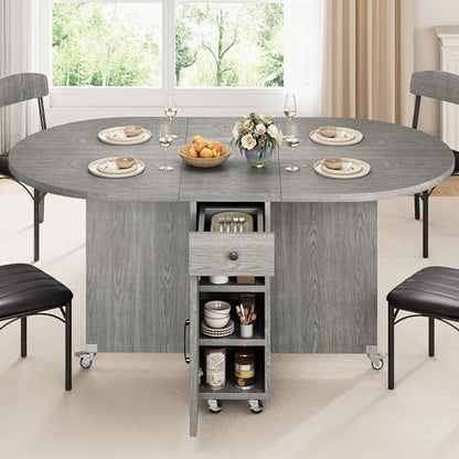 Jocoevol Round Folding Dining Table for 6, Space Saving Drop Leaf Kitchen Table with Storage Drawer, 6 Wheels Oval Gateleg Foldable Dining Table for Small Spaces (Grey, 51" x 31.5" x 30") - color: Grey