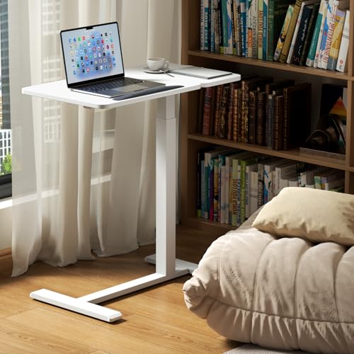 Overbed Bedside Table with Wheels, Pneumatic Adjustable Medical Tilt Top Hospital Bed Table Over The Bed, Rolling Laptop Desk, Mobile Standing Desk for Hospital and Home Use, White - color: Pure White