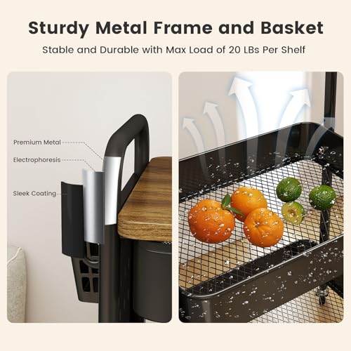 3-Tier Rolling Cart, Metal Rolling Storage Cart with Wooden Table Top & DIY Pegboards, Storage Cart with Wheels, Hooks & Hanging Cups, Storage Organizer Cart Craft Art Cart, Black