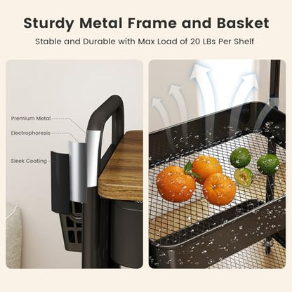 3-Tier Rolling Cart, Metal Rolling Storage Cart with Wooden Table Top & DIY Pegboards, Storage Cart with Wheels, Hooks & Hanging Cups, Storage Organizer Cart Craft Art Cart, Black
