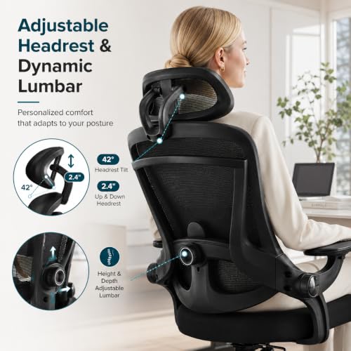 Ergonomic Office Chair, Home Office Desk Chairs with Adjustable Lumbar Support and Headrest, High Back Mesh Computer Desk Chair with 3D Flip-up Armrests & 360° Swivel Wheels, 275 LBS - color: Black With Lumbar Support