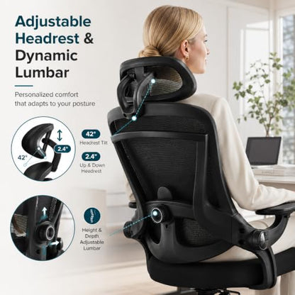 Ergonomic Office Chair, Home Office Desk Chairs with Adjustable Lumbar Support and Headrest, High Back Mesh Computer Desk Chair with 3D Flip-up Armrests & 360° Swivel Wheels, 275 LBS - color: Black With Lumbar Support