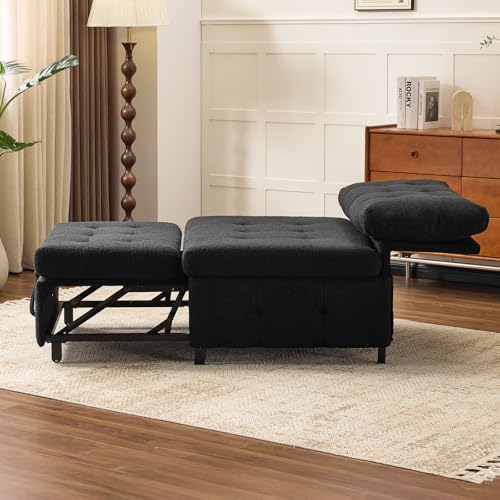 VINGLI Convertible Sofa Bed Tufted Teddy Fleece Sleeper Chair Bed Couch Armless Living Room Chairs with Adjustable Backrest Pull Out Couch Bed for Small Spaces - color: Black