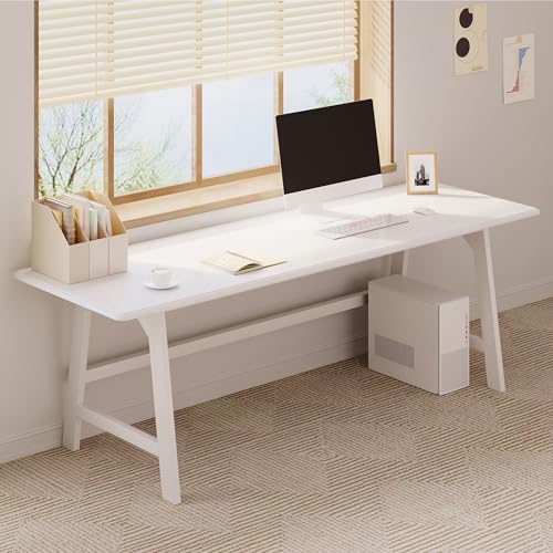 IOTXY Solid Wood Writing Table - 72" W Minimalist Long Computer Desk, White | Minimalist Modern Style, 100% Solid Wood, Spacious Surface, Moon-Shaped Legs, Super Stable, 265-lbs Capacity, 15-Min Assembly - color: White, size: 72" W