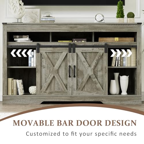 RoyalCraft Farmhouse TV Stand with Sliding Barn Door for TVs up to 65+ Inch, 34" Tall Entertainment Center, Wood Media Console Storage Cabinet for Bedroom, Living Room, Light Grey - color: Light Grey, style: Without Fireplace