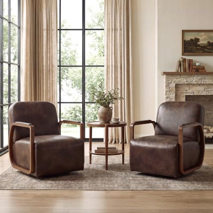 Faux Leather 360° Swivel Barrel Accent Chairs Set of 2, Upholstered Mid Century Modern Reading Lounge Chair with Wooden Armrests & Solid Rotating Metal Base for Living Room Bedroom, Dark Brown - color: Dark Brown, size: 2 Pack