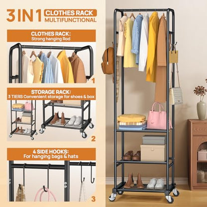 Clothes Rack with Wheels, Freestanding Garment Rack with 3 Metal Shelves for Hanging Clothes, Portable Hanging Rod for Small Room, Bedroom, Bathroom (Black)