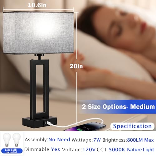 Modern Nightstand Lamps Set of 2 - Touch Control Bedside Table Lamps with USB C&A, 3 Way Dimmable for Bedrooms & Living Room, Gray & Black - color: Grey-Daylight, size: 20IN