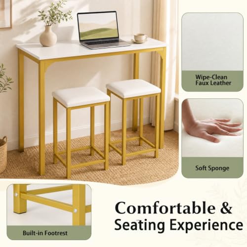 COSTWAY Dining Table Set, Counter Height Table & 2 Upholstered Stools | White & Gold, PU Leather Seats, Metal Frame, Modern, Space-Saving for Small Space Dorm & Kitchen Island - color: White & Gold