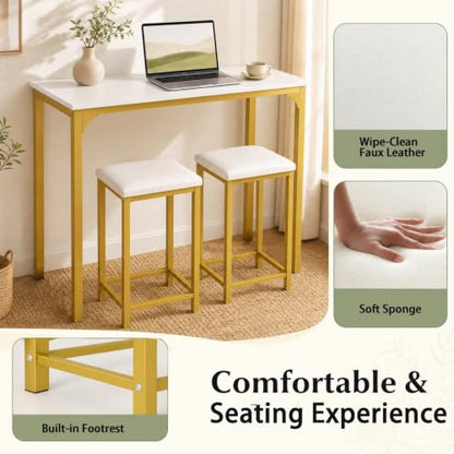 COSTWAY Dining Table Set, Counter Height Table & 2 Upholstered Stools | White & Gold, PU Leather Seats, Metal Frame, Modern, Space-Saving for Small Space Dorm & Kitchen Island - color: White & Gold