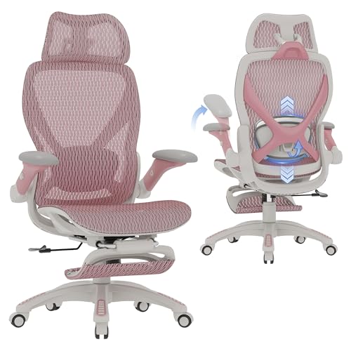 X100 Ergonomic Mesh Office Chair with Footrest, Big and Tall Home Desk Chair with 5D Flip-Up Arms, Adjustable 3D Lumbar Support, Gaming & Executive Computer Chair (Peach Blossom) - color: Peach Blossom