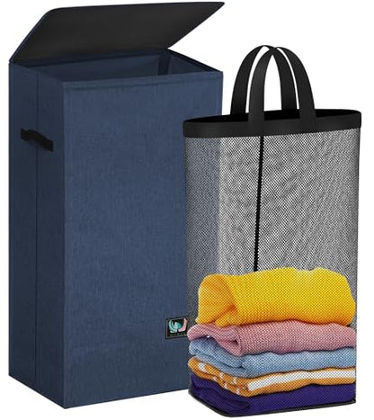 WTREE Laundry Hamper with Lid, Reinforced Sturdy Clothes Hamper with Anti-Puncture Base, Large Collapsible Laundry Basket with Removable Liner Bag, Tall Dirty Clothes Bin for Family, 100L Navy Blue - color: Navy Blue