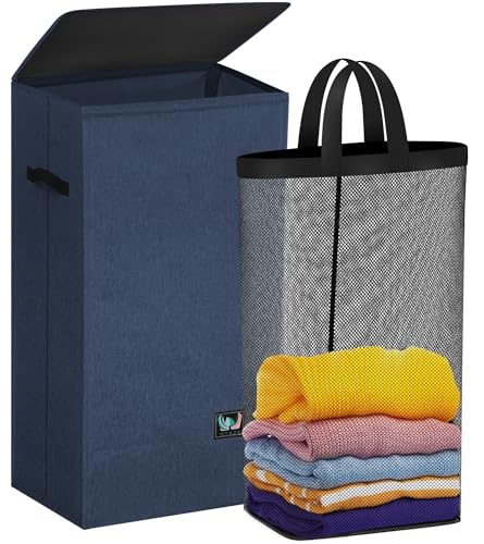 WTREE Laundry Hamper with Lid, Reinforced Sturdy Clothes Hamper with Anti-Puncture Base, Large Collapsible Laundry Basket with Removable Liner Bag, Tall Dirty Clothes Bin for Family, 100L Navy Blue - color: Navy Blue