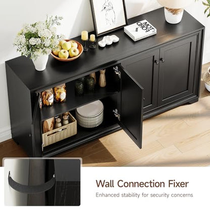 60" Buffet Cabinet with Storage, 4 Doors & Adjustable Shelves Black | Credenza Sideboard Cabinets Wood with Adjustable Shelves, Modern Kitchen Coffee Bar Table for Dining Living Room, Entryway - color: Black