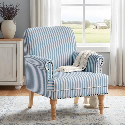 HUIMO Linen Fabric Accent Chair, Mid-Century Modern Armchair with Solid Wood Legs, Single Sofa Chair,Upholstered Reading Club Chair (1, Blue and White Stripe) - color: Blue and White Stripe