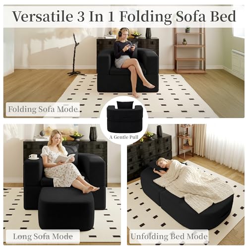 40" Pull Out Couch,2 in 1 Sleeper Sofa Bed,Convertible Sleeper Chair with Pillow Foldable Mattress with Back Support,Teddy Fleece,Black - color: Black