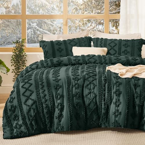 Bedsure Tufted Boho Comforter Set Twin Size - Dark Green Boho Bed Set, GentleSoft™ 2 Pieces Farmhouse-Style Embroidery Bedding, Gifts for Woman, Soft Jacquard Kids' Twin Comforter for All Seasons - color: 15 - Dark Green - Elegant, size: Twin/Twin XL