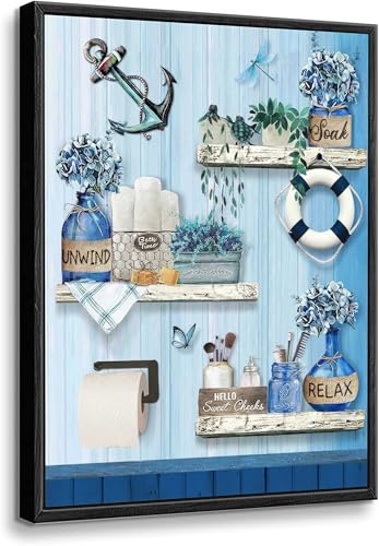 Framed Navy Blue Bathroom Wall Art Farmhouse Flower And Anchor Turtle Pictures Wall Decor Blue Bathroom Picture Canvas Print For Washroom Home Painting24x16 Inch - color: blue1, size: 16"L x 24"W
