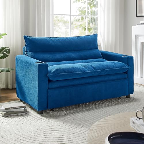 SLEERWAY 3 in 1 Convertible Sleeper Sofa Bed, 56.3" W Easy Pull Out Couch Bed with Dual Cup Holders, Comfy Thick Padding Futon Loveseat with Adjustable Backrest for Living Room Small Space (Blue) - color: Blue, size: 56.3"