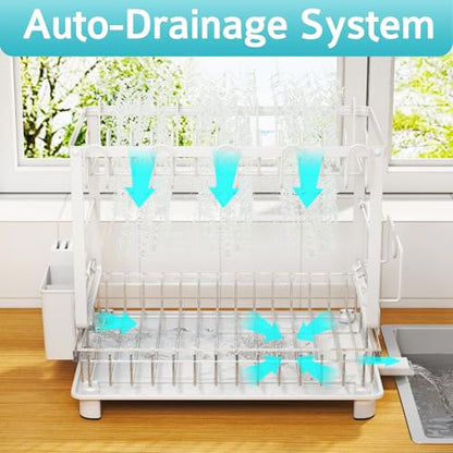 Multifunctional Dish Drying Rack - Rustproof, 2-Tier Dish Racks with Drainboard, Space-Saving Design, Utensil & Cup Holder for Kitchen Counter, White - color: White