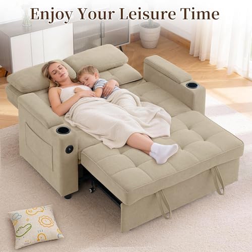 Korser 55.5'' 3-in-1 Convertible Sofa Bed, Pull Out Couch with 5-Position Adjustable Backrest, Loveseat Sleeper Sofa for Small Spaces, Sofa Couch with Cup Holders for Living Room, Office, Chenille - color: Khaki