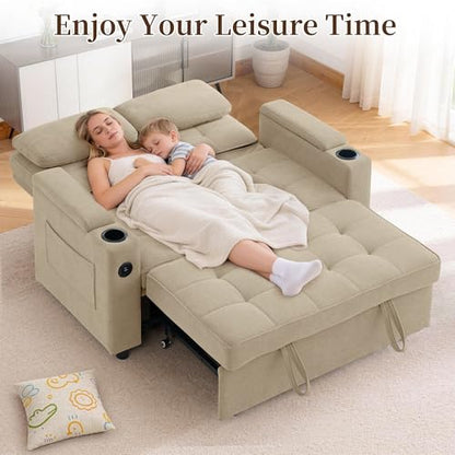 Korser 55.5'' 3-in-1 Convertible Sofa Bed, Pull Out Couch with 5-Position Adjustable Backrest, Loveseat Sleeper Sofa for Small Spaces, Sofa Couch with Cup Holders for Living Room, Office, Chenille - color: Khaki