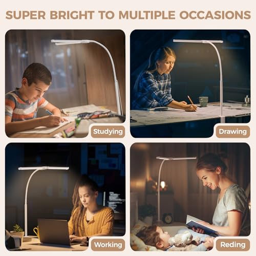 LED Desk Lamp for Home Office, Double Head Desk Light with Clamp | 3 Modes 10 Brightness, Long Flexible Goose-Neck, Eye-Caring, Memory Function, Energy Efficient, USB Adapter, Metal, White - color: White Pro