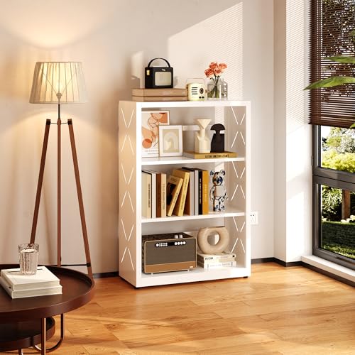 SteeLoong 3 Tier Bookcase,Metal Bookshelf with Adjustable Feet & Shelves | 34"H White Book Shelf with Bookends,Small Bookcase for Small Places,Modern Open Bookshelf for Home Office,Kitchen,Garage - color: White, size: 3-Tier 23"W