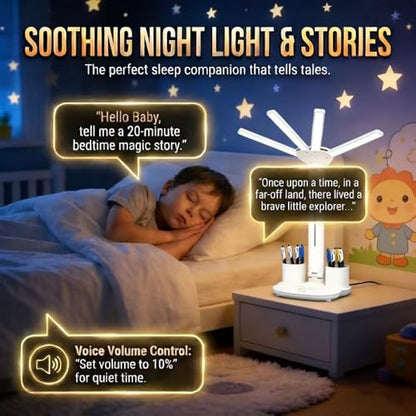 AI Smart Talking Desk Light with Clock,Interactive Talking Storyteller & Educational Companion, Adjustable Foldable Table Lamp with Pen Holder, 3 Brightness Levels, USB Charging Port