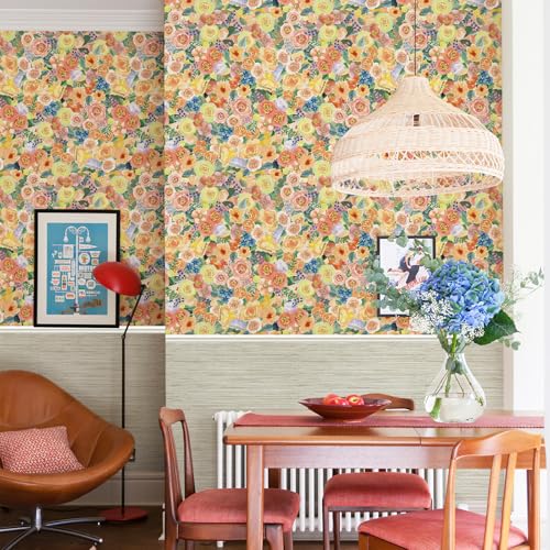 Simon&Siff Floral Peel and Stick Wallpaper 17.3"x400" Yellow Watercolor Flowers Wall Murals Removable Wall Paper for Bedroom Bathroom Cabinet Renter Friendly - color: Yellow, size: 17.3" x 400"