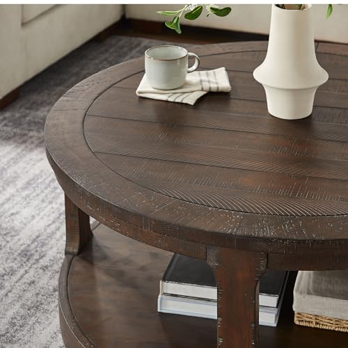 Round Nesting Coffee Table Set of 3, Mid Century Rustic Farmhouse Solid Wood Coffee Tables Center Table for Living Room Apartment, ø40 + ø24 + ø17.56 (Drak Brown) - color: 40"+24"+17.56" Dark Brown