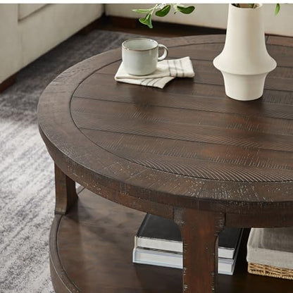 Round Nesting Coffee Table Set of 3, Mid Century Rustic Farmhouse Solid Wood Coffee Tables Center Table for Living Room Apartment, ø40 + ø24 + ø17.56 (Drak Brown) - color: 40"+24"+17.56" Dark Brown