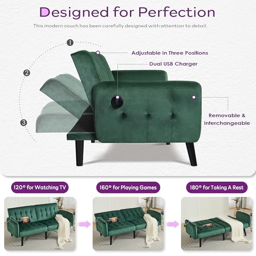 65'' Convertible Futon Sofa Bed with USB, Small Couch for Living Room | Sleeper Sofa and Loveseat, Adjustable Folding Couch with Tufted Design and 2 USB Ports, Bedroom Apartment Office, Green - color: Green