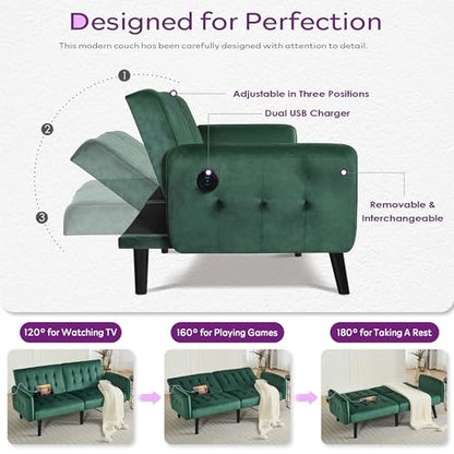 65'' Convertible Futon Sofa Bed with USB, Small Couch for Living Room | Sleeper Sofa and Loveseat, Adjustable Folding Couch with Tufted Design and 2 USB Ports, Bedroom Apartment Office, Green - color: Green