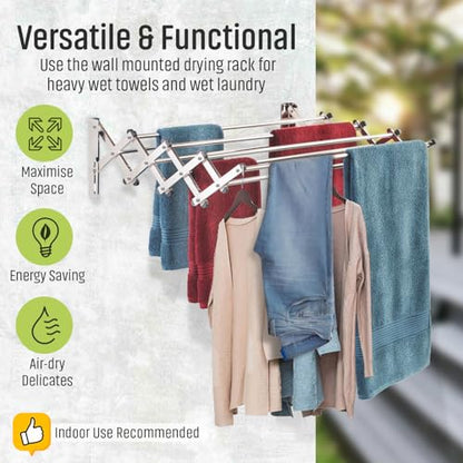 Wall Mounted Clothes Drying Rack | Adjustable to Fit Your Space | 20 Linear Feet Drying Capacity | 8 Stainless Steel Rods | 60 lb Capacity | Fully Assembled | Compact Space-Saving Design