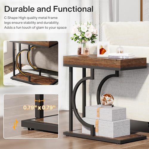 Tribesigns Side Table Set of 2 Narrow Side Table Brown Black C Shaped End Table Modern Bedside Tables for Couch, Small Sofa Tables with Metal Frame for Living Room (2, Rustic Brown+Black) - color: Rustic Brown+black