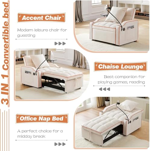 Sleeper Sofa Chair Bed 3 in 1 with Charging Ports, Phone Holder & Cup Holders - Modern Velvet Convertible Pull Out Single Sofa Bed for Small Spaces, Apartment, Dorm (Beige) - color: Beige