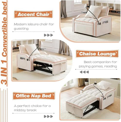 Sleeper Sofa Chair Bed 3 in 1 with Charging Ports, Phone Holder & Cup Holders - Modern Velvet Convertible Pull Out Single Sofa Bed for Small Spaces, Apartment, Dorm (Beige) - color: Beige