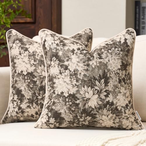 FANAMI Vintage Floral Throw Pillow Covers 18x18 Set of 2 Boho Farmhouse Accent Pillowcase Neutral Modern Chenille Square Decorative Cushion Covers for Couch Sofa Bed Living Room Home Decor, Grey - color: Grey, size: 18" x 18" (Pack of 2)