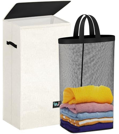 WTREE Laundry Hamper with Lid, Reinforced Sturdy Clothes Hamper with Anti-Puncture Base, Large Collapsible Laundry Basket with Removable Liner Bag, Tall Dirty Clothes Bin for Family, 100L Cream - color: Cream