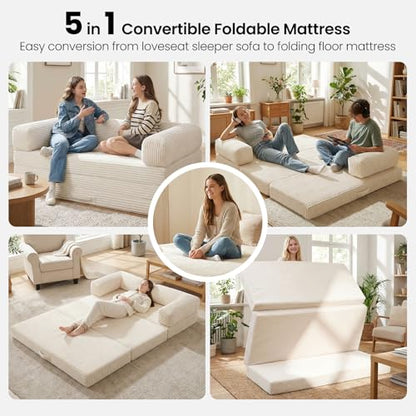 Erament Futon Sofa Bed Queen, Convertible Tri Folding Mattress Foldable with Removable Armrests & Washable Cover, 5-Inch Floor Mattress with High-Density Foam, Small Pull Out Couch Bed, Beige - color: Beige, size: Queen