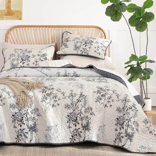 WONGS BEDDING Floral Queen Quilt Set,Botanical Leaf & Butterfly Pattern Quilts Bedspread Set,Soft Beautiful Farmhouse Plants Coverlet Bedding Set for All Seasons(96"×90") - color: Grey, size: Queen